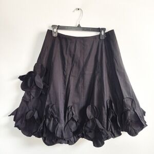 Dzhavael Couture Skirt Large Midi A-Line Black 3D Floral Rosette Ruffle Petal